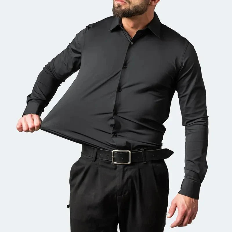 Showlu Men's long-sleeved business casual shirt in solid color, non-iron, with a sleek, mercerized fabric and vertical design.