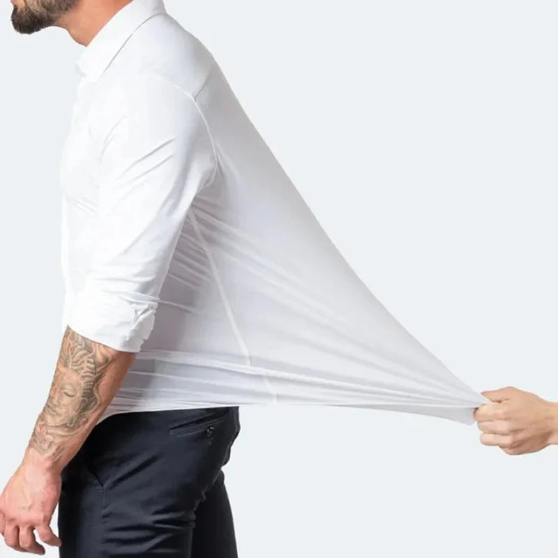 Showlu men's long-sleeved business casual shirt in solid color with non-iron, Mercerized fabric, featuring a vertical design.