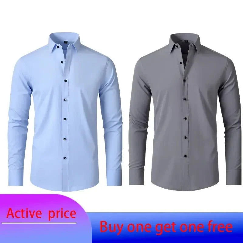 Men's long-sleeved business casual shirt by Showlu, solid color, non-iron, mercerized fabric, suitable for spring and summer.