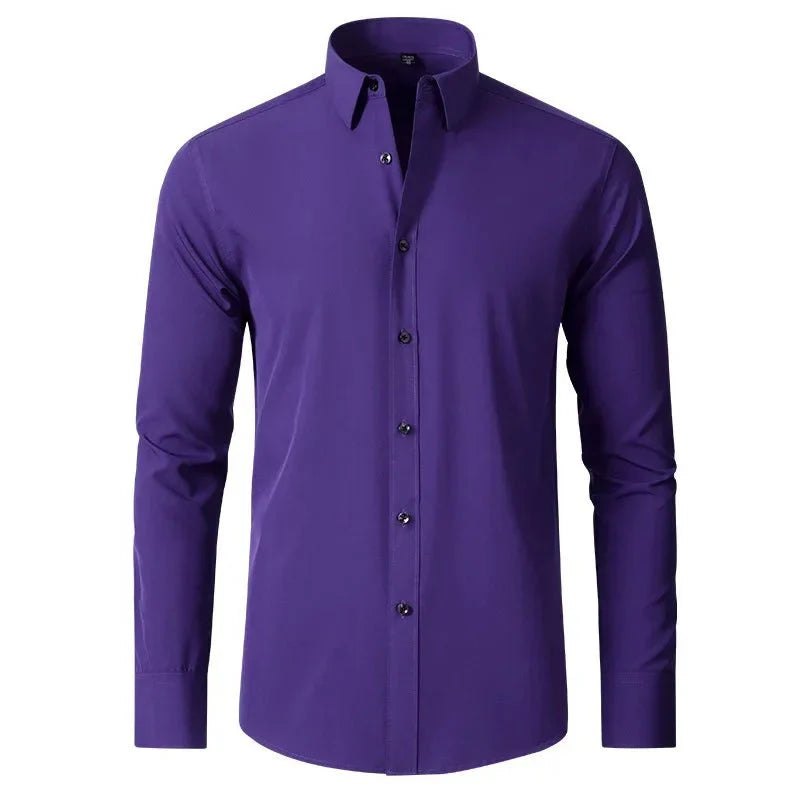 Showlu men's long-sleeved business casual shirt in solid color, non-iron, lightweight, with a clean, professional fit.