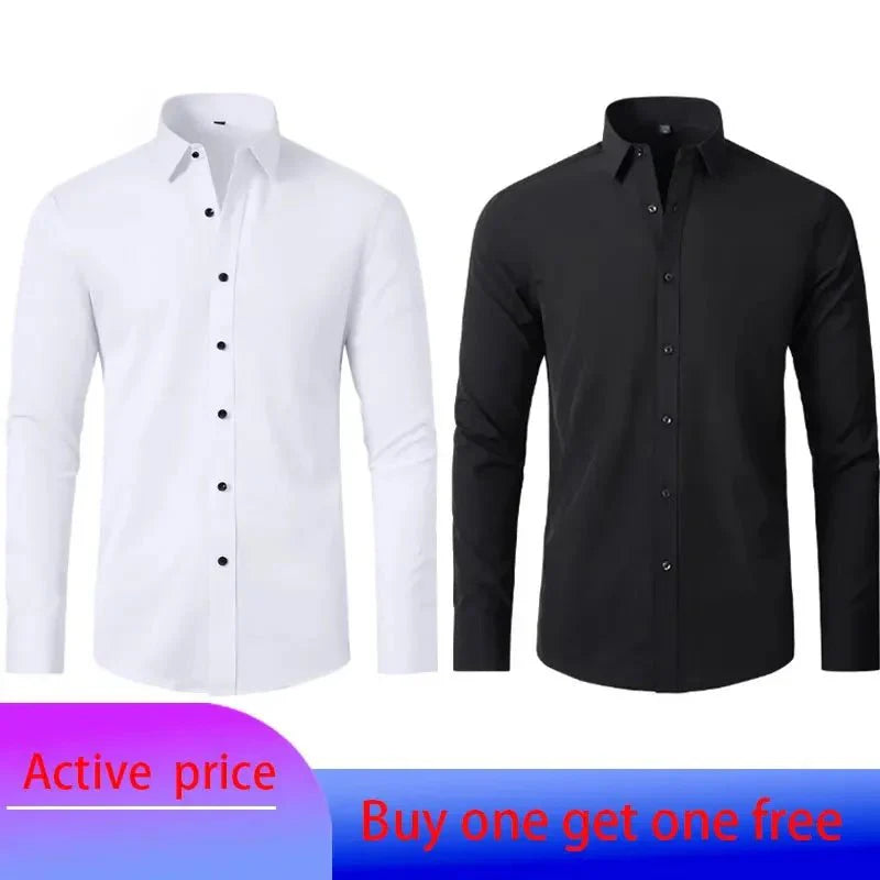 Showlu men's long-sleeved business casual shirt in solid color, non-iron fabric with a Mercerized vertical design for spring and summer.