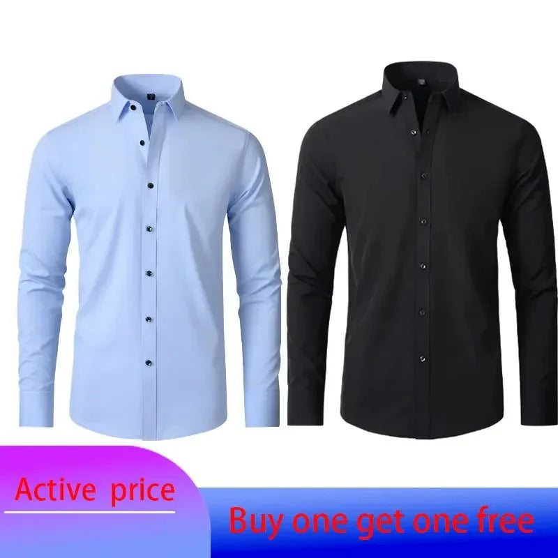 Showlu men's long-sleeved business casual shirt in solid color, non-iron, with a Mercerized finish, suitable for spring and summer.