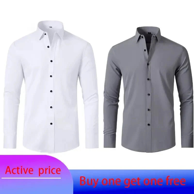 Showlu men's long-sleeved business casual shirt in solid color, non-iron, with a smooth, mercerized fabric and vertical design.