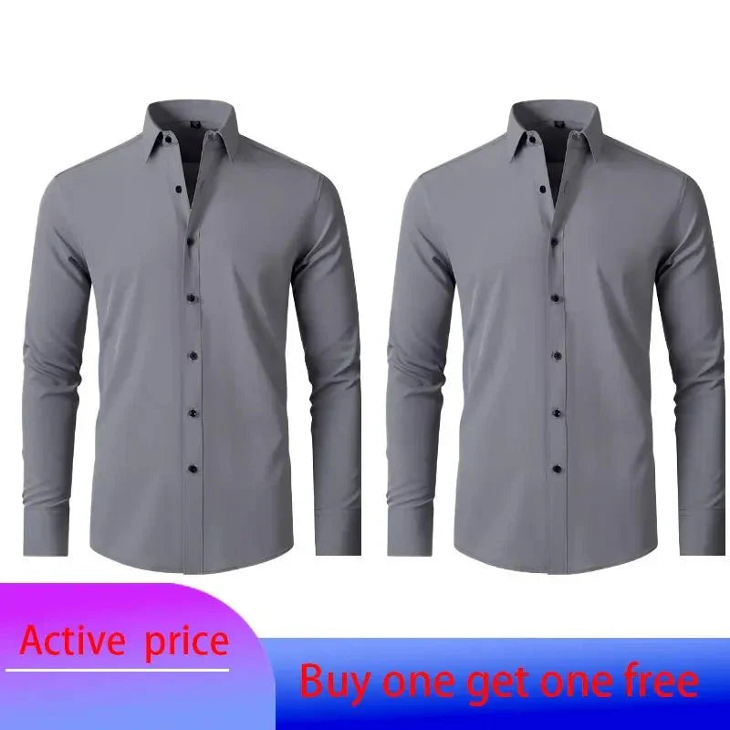 Showlu men's long-sleeved business casual shirt in solid color, non-iron, spring and summer style with a sleek vertical design.