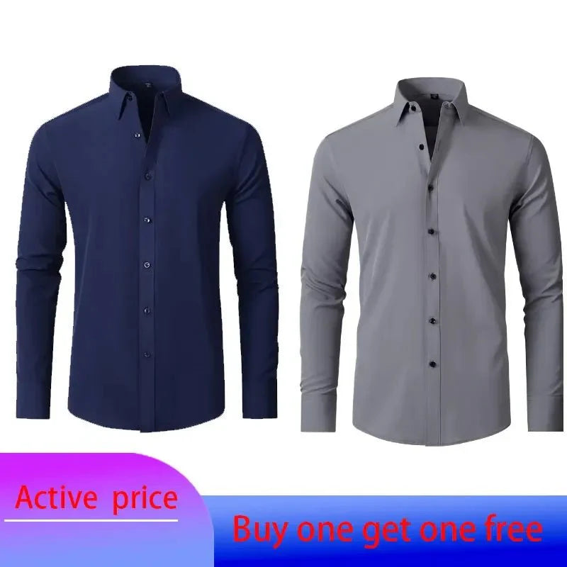 Long-sleeved men's business casual shirt by Showlu Fashion Store, solid color, non-iron, with a tailored fit and smooth fabric.