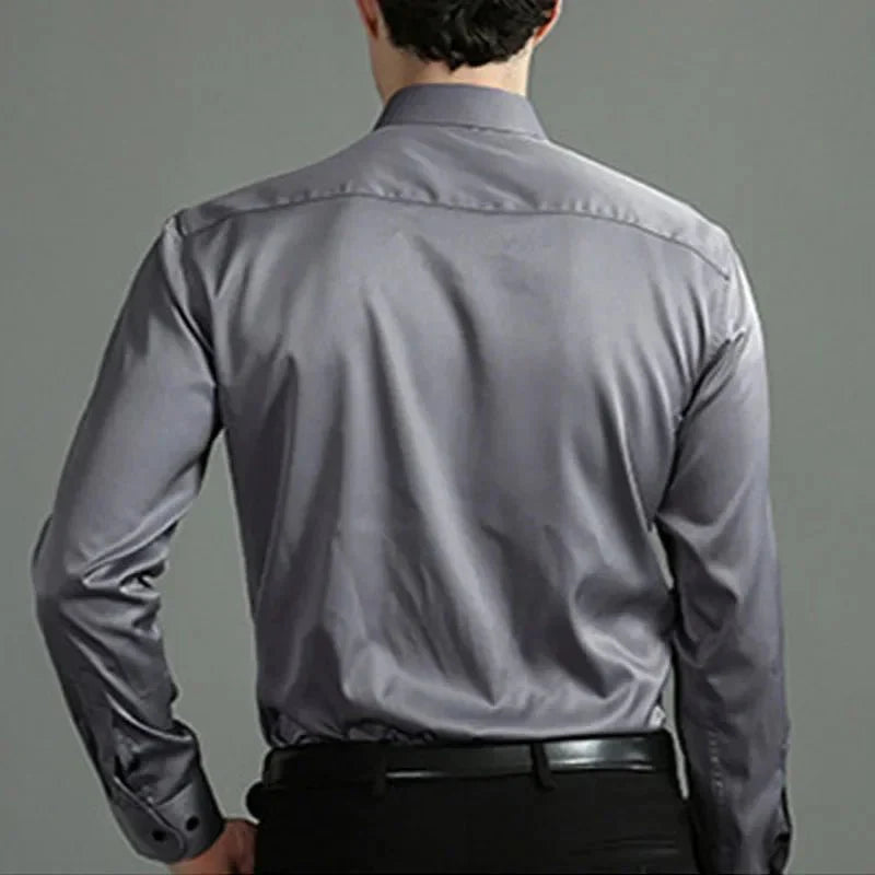 Showlu men's long-sleeved business casual shirt in solid color, non-iron, with a Mercerized vertical design for a polished look.