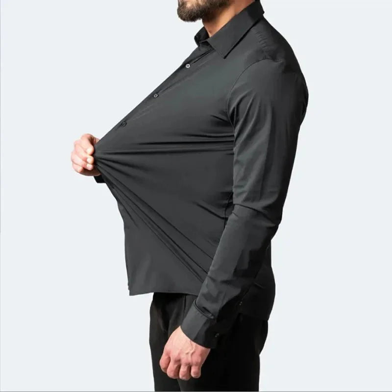 Long-sleeved men's business casual shirt by Showlu, solid color, non-iron, lightweight, with a vertical seam design.