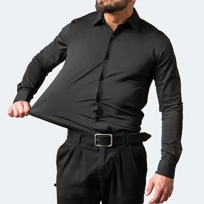 Showlu Men's long-sleeved business casual shirt in solid color with non-iron fabric, featuring a classic fit and vertical design.