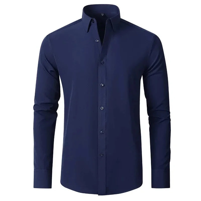 Showlu men's long-sleeved business casual shirt in solid color, non-iron, with a smooth mercerized fabric and vertical design.