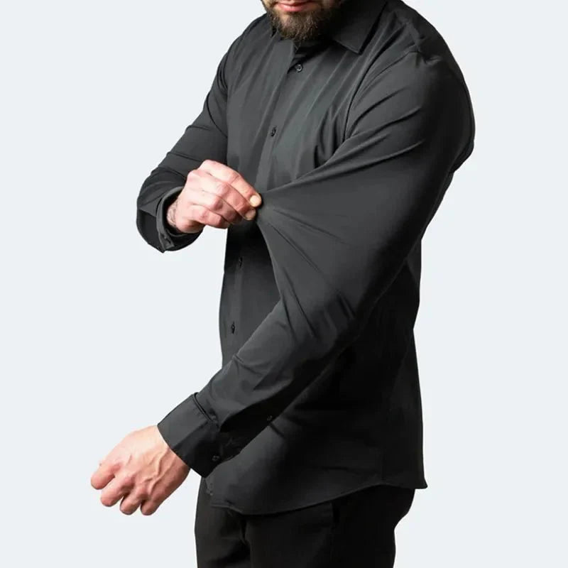 Showlu men's long-sleeved business casual shirt in solid color, non-iron, with a tailored fit and mercerized fabric for spring and summer.