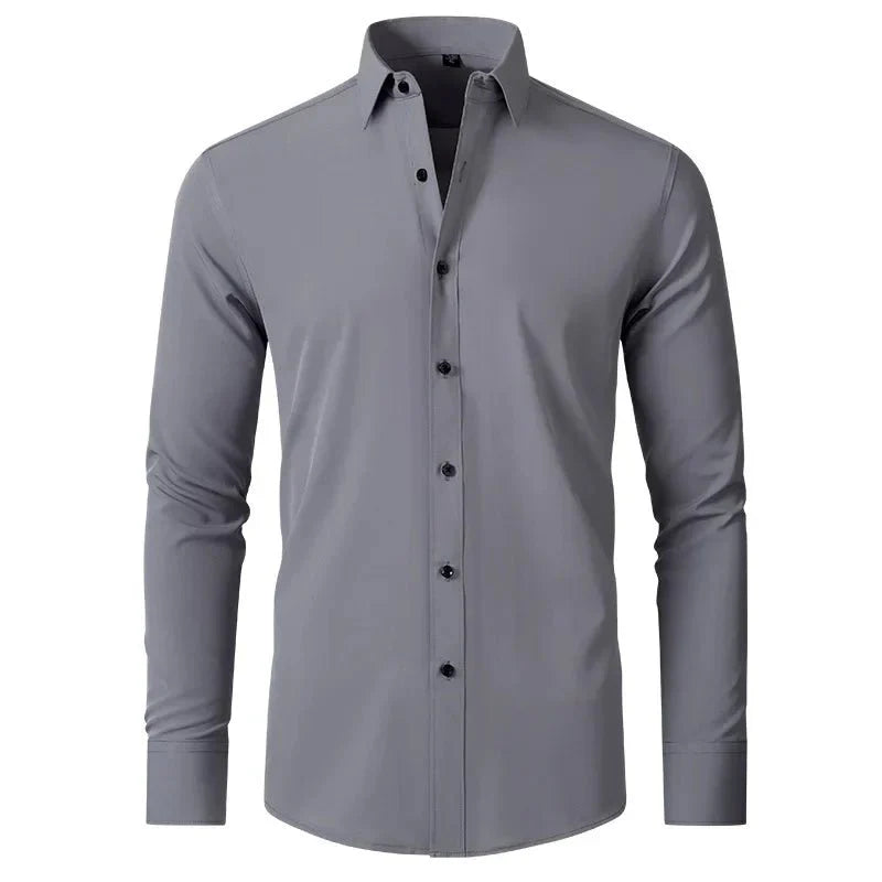 Showlu men's long-sleeved business casual shirt in solid color, non-iron, with a sleek, mercerized finish and vertical design.
