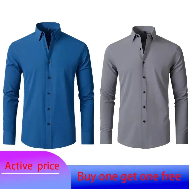 Showlu men's long-sleeved business casual shirt in solid color, non-iron, spring and summer style with elastic force and mercerized fabric.