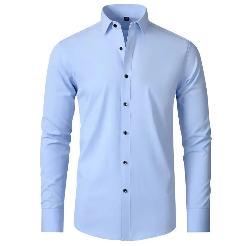 Showlu men's long-sleeved business casual shirt in solid color, non-iron, with a sleek, Mercerized fabric finish.