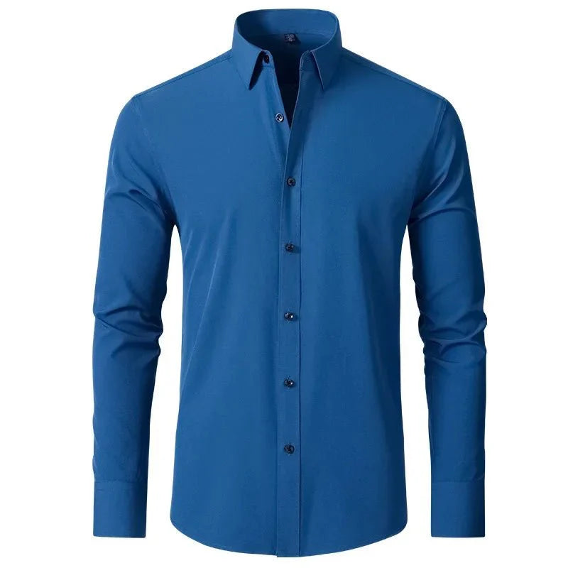 Showlu men's long-sleeved business casual shirt in solid color with non-iron fabric, lightweight and stylish for spring and summer.