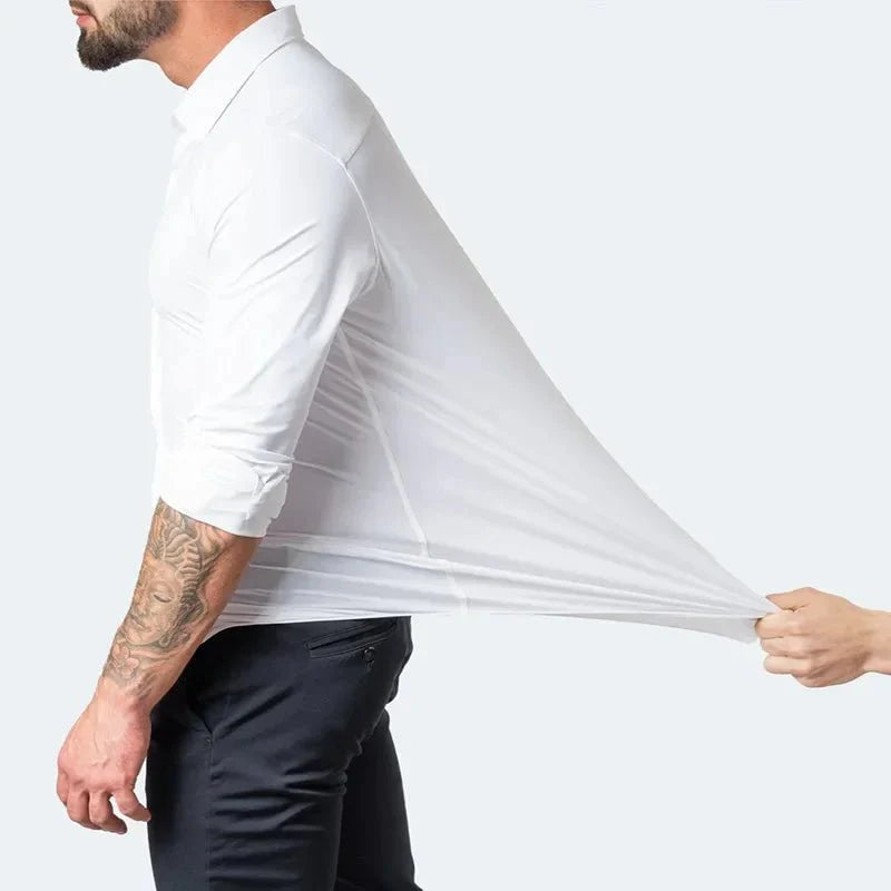 Showlu men's long-sleeved business casual shirt in solid color with non-iron fabric, featuring a classic collar and smooth mercerized finish.