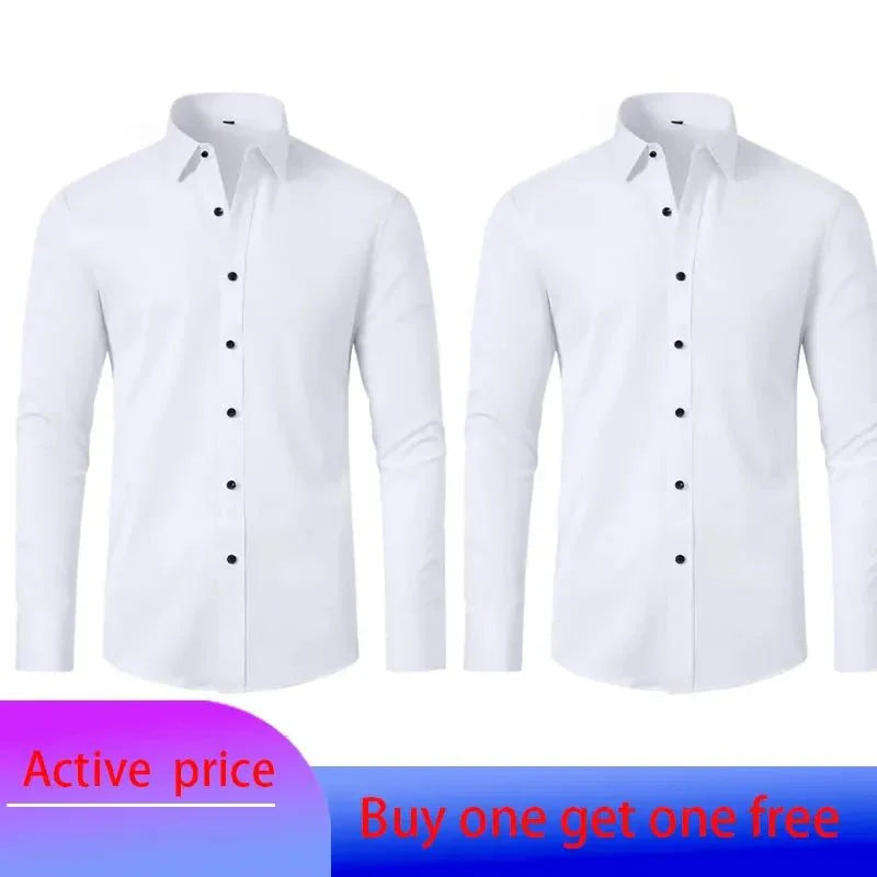 Showlu men's long-sleeved business casual shirt in solid color, non-iron, with a tailored fit and vertical design.