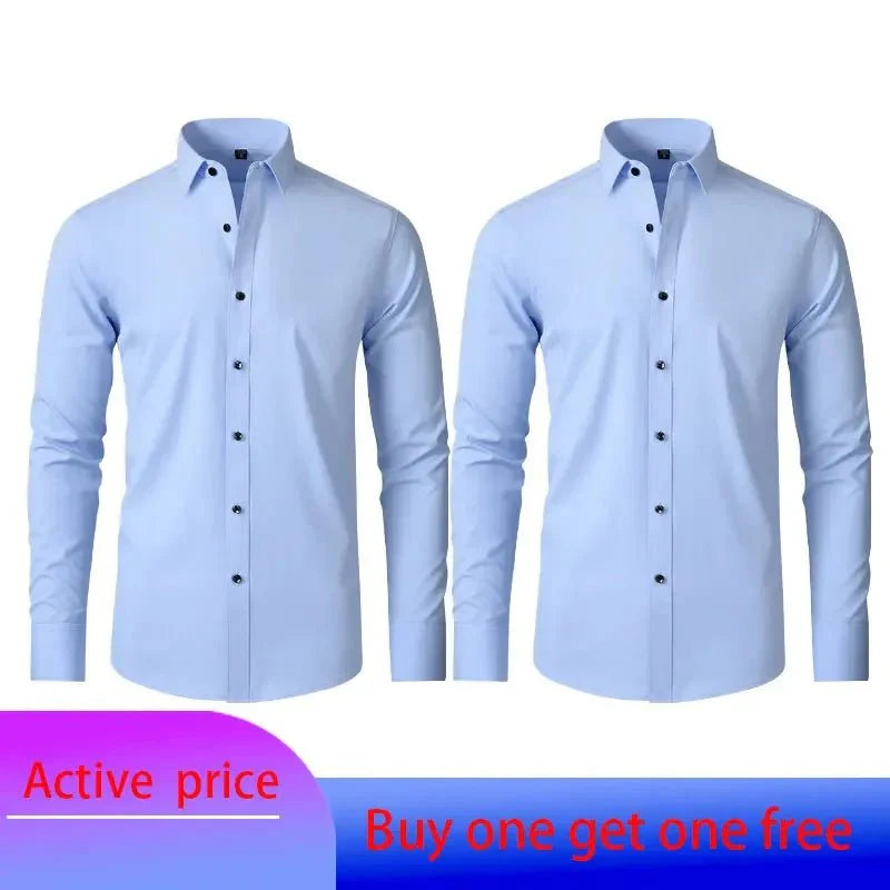 Showlu men's long-sleeved business casual shirt in solid color, non-iron, spring and summer style with a sleek, vertical design.