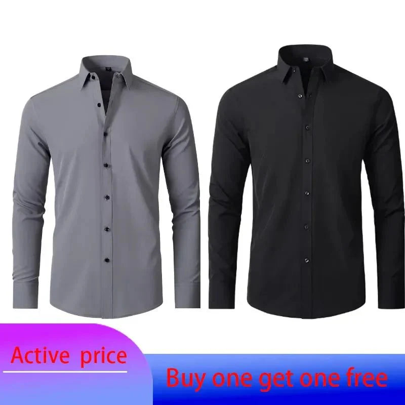 Showlu men's long-sleeved business casual shirt in solid color, non-iron, with a sleek, modern design and vertical pattern.