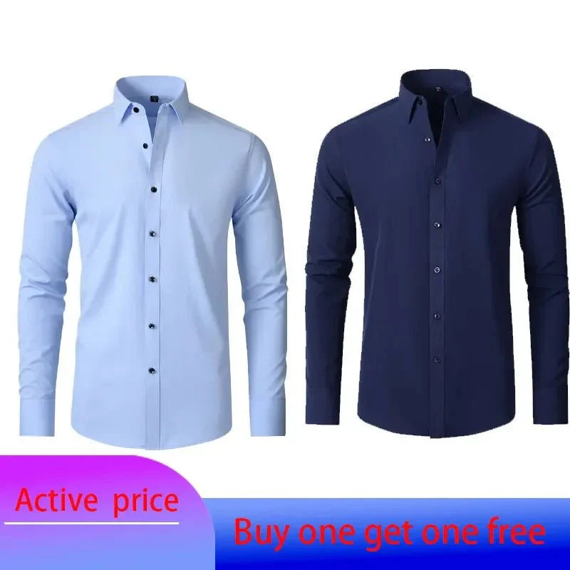 Showlu men's long-sleeved business casual shirt in solid color, non-iron fabric, with a smooth, crisp appearance for spring and summer.