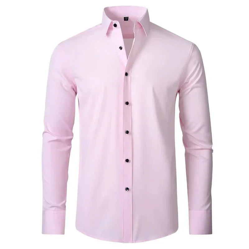 Showlu men's long-sleeved business casual shirt in solid color with non-iron fabric, featuring a sleek, mercerized finish.