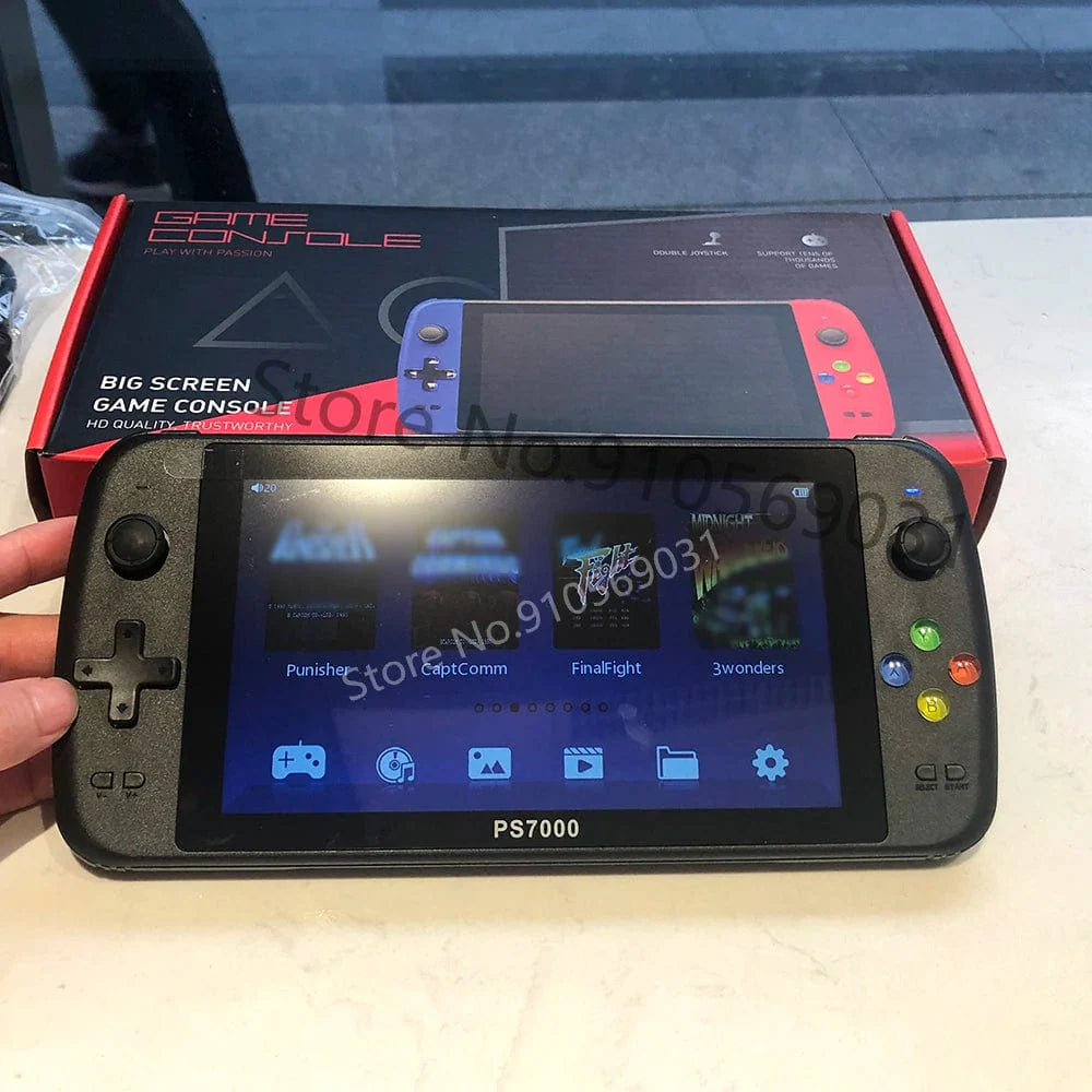 Showlu Fashion PS7000 7-inch handheld retro game console with 128-bit HD LCD screen and classic portable gaming capabilities.