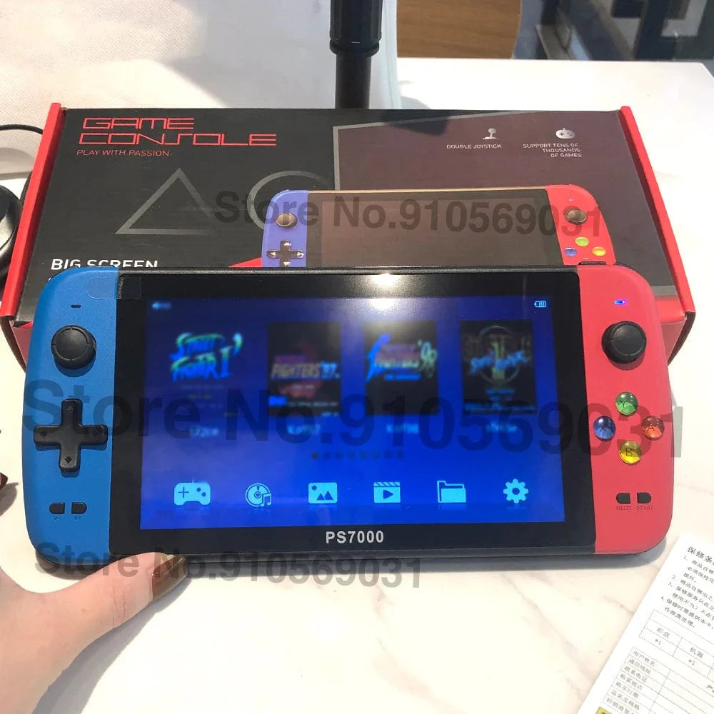 Showlu Fashion PS7000 7-inch handheld retro game console with 128-bit HD LCD screen and portable gaming design.