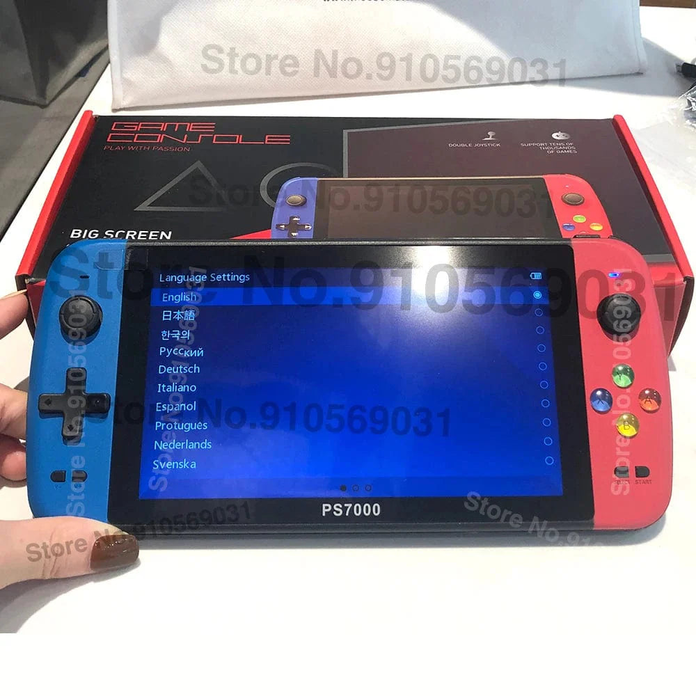 Showlu Fashion Store PS7000 7-inch handheld retro game console with 128-bit HD display and LCD screen for portable gaming.