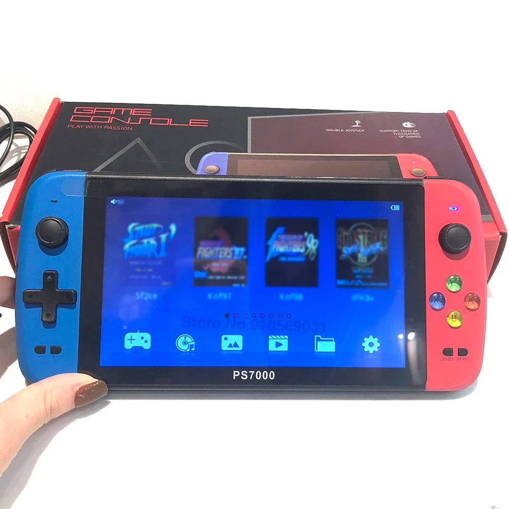 Showlu Fashion PS7000 7-inch handheld retro game console with 128-bit HD LCD screen and built-in classic games.