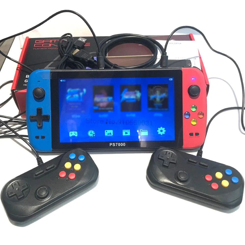 PS7000 7-inch handheld retro game console with 128-bit HD display, featuring a large LCD screen and classic portable gaming.