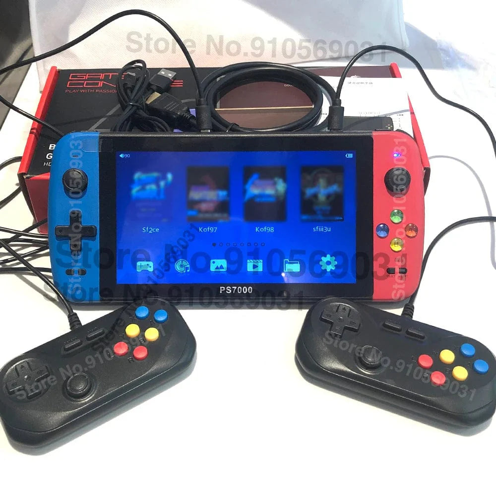 Showlu Fashion PS7000 7-inch handheld retro game console with HD LCD screen, 128-bit graphics, portable design, and classic game features.