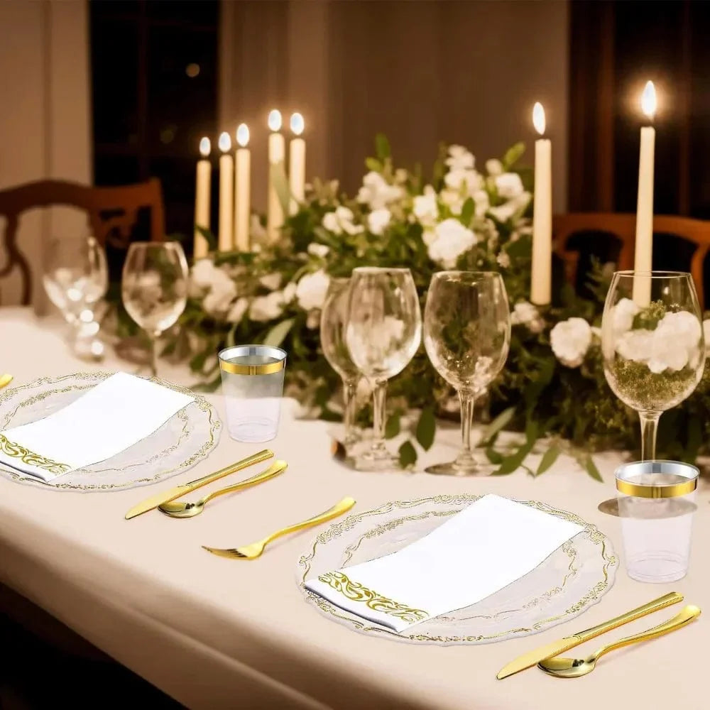Showlu Fashion 700-piece gold plastic cutlery and disposable plates set, perfect for weddings and parties, with gold rim details.