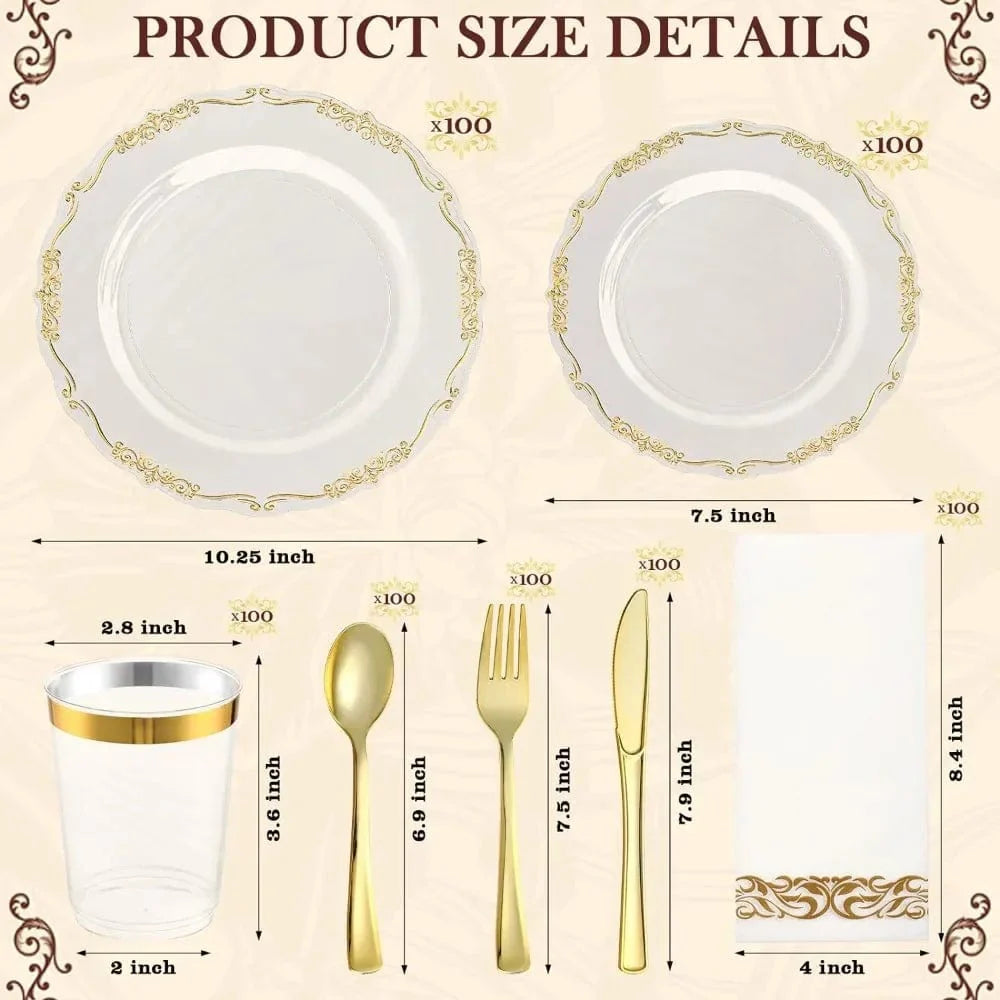 Showlu Fashion 700-piece gold plastic cutlery and disposable plates set, perfect for weddings and birthday parties, bulk party tableware.