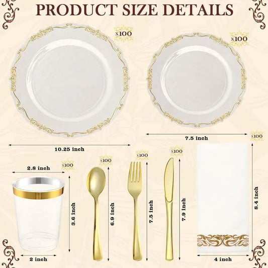 700 PCS Gold Plastic Cutlery Set Gold Disposable Plates Bulk Clear Gold Rim Guest Supplies Wedding and Birthday Party Tableware - SHOWLU FASHION STORE