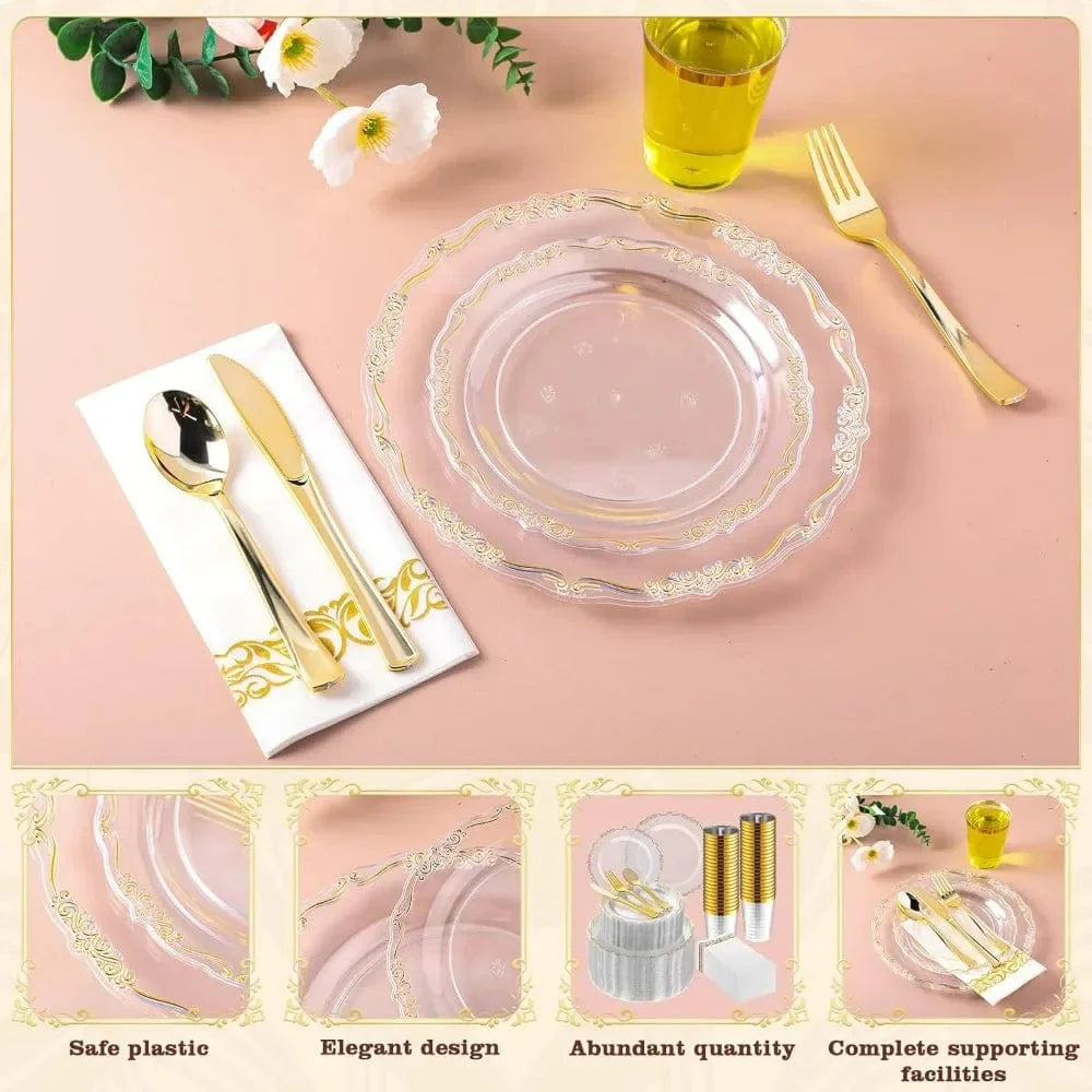 Showlu Fashion 700-piece gold plastic cutlery and disposable plates set, ideal for weddings, parties, and special events.