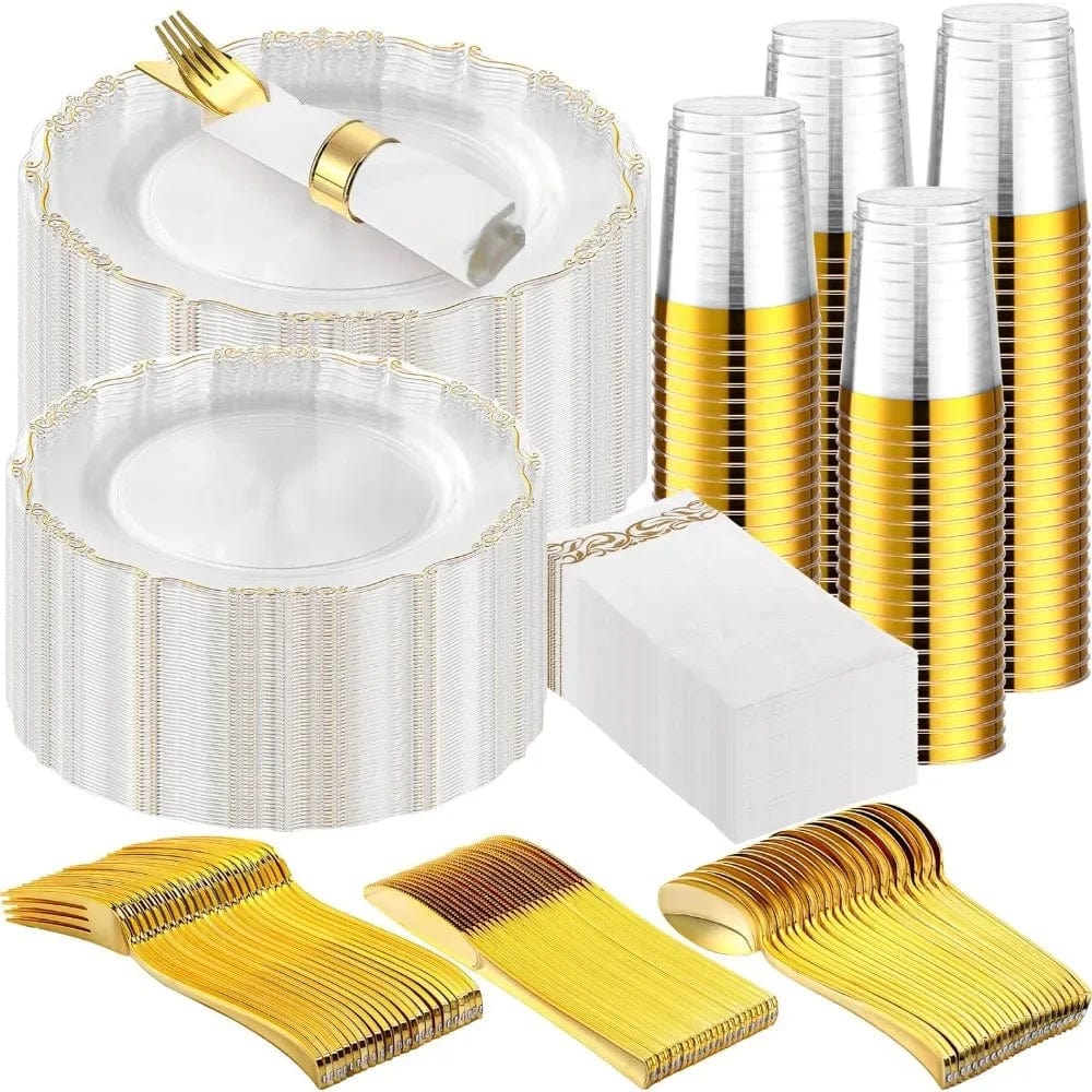 Showlu Fashion 700-piece gold plastic cutlery and disposable plates set for parties, featuring gold-rim dinnerware and guest supplies.