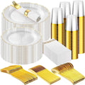 Showlu Fashion 700-piece gold plastic cutlery and disposable plates set for parties, featuring gold-rim dinnerware and guest supplies.