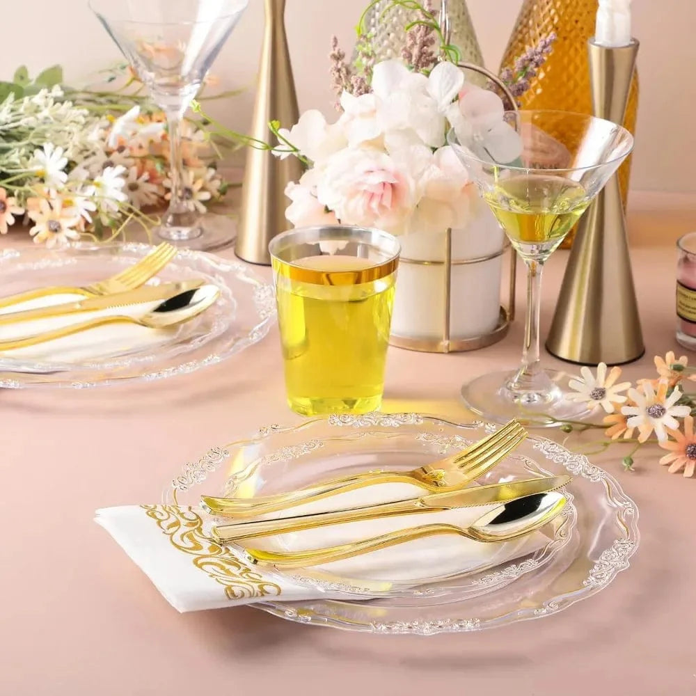 Showlu Fashion 700-piece gold plastic cutlery and disposable plates set, including gold-rim plates for weddings and parties.