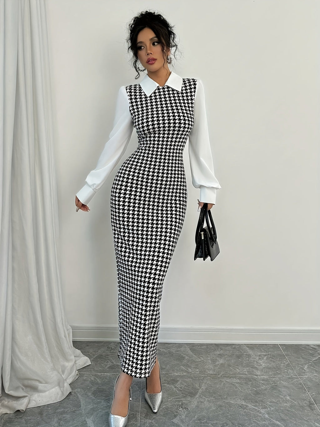 SHOWLU FASHION women's houndstooth bodycon dress with puffed sleeves, elegant and fitted for chic, stylish wear.