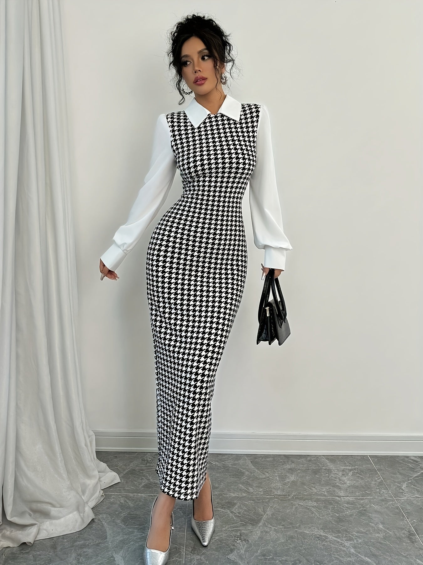 SHOWLU FASHION women's houndstooth bodycon dress with puffed sleeves, elegant and fitted for chic, stylish wear.
