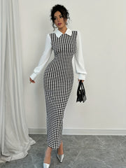 Women's Elegant Houndstooth Print Puffed Sleeve Bodycon Dress - Black & White Contrast, Machine Washable, All-Season Versatile Fit, Clothes for Ladies, Formal Attire, Classic Collared Top, Medium Elasticity