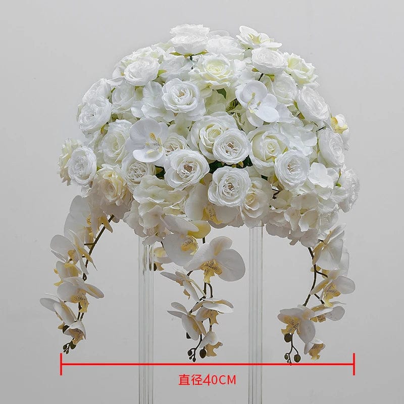 White rose and orchid wedding table centerpiece flower ball with hydrangeas, elegant floral arrangement for special events