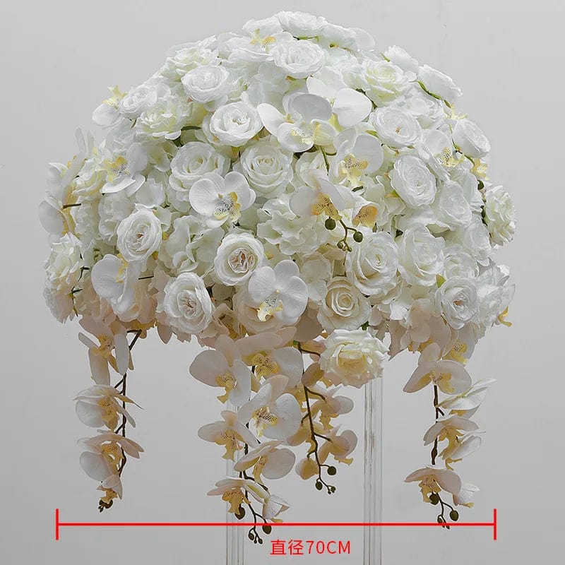 White rose, orchid, and hydrangea wedding table centerpiece flower ball for elegant party and event decor.