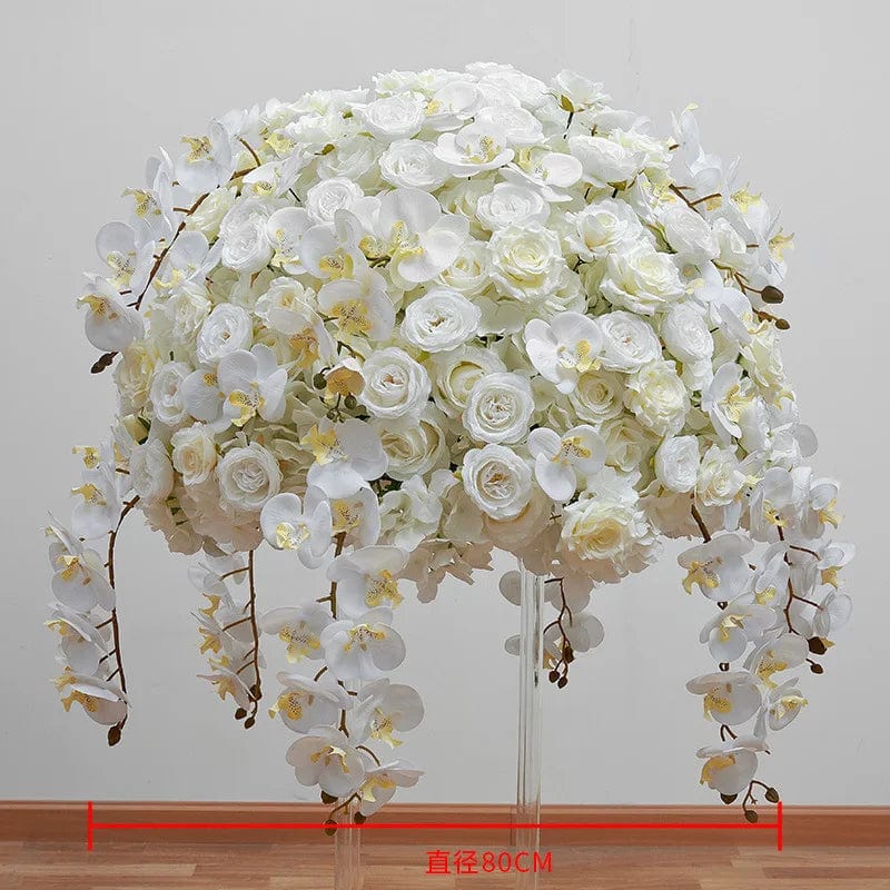 White rose and orchid wedding table centerpiece flower ball with hydrangeas, designed for elegant wedding decor and displays.