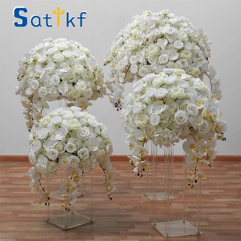 Showlu white rose and orchid wedding table centerpiece flower ball with hydrangeas, decorative for wedding or party decor.