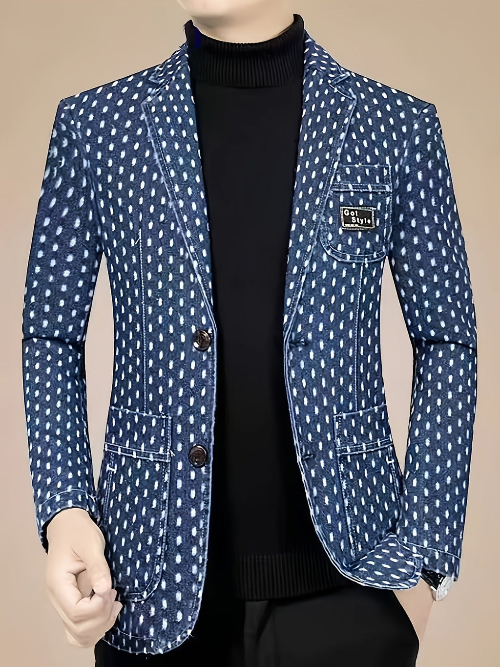 Men's denim blazer by SHOWLU FASHION STORE with loose fit and polka dot pattern, casual jacket style, shown in the image.