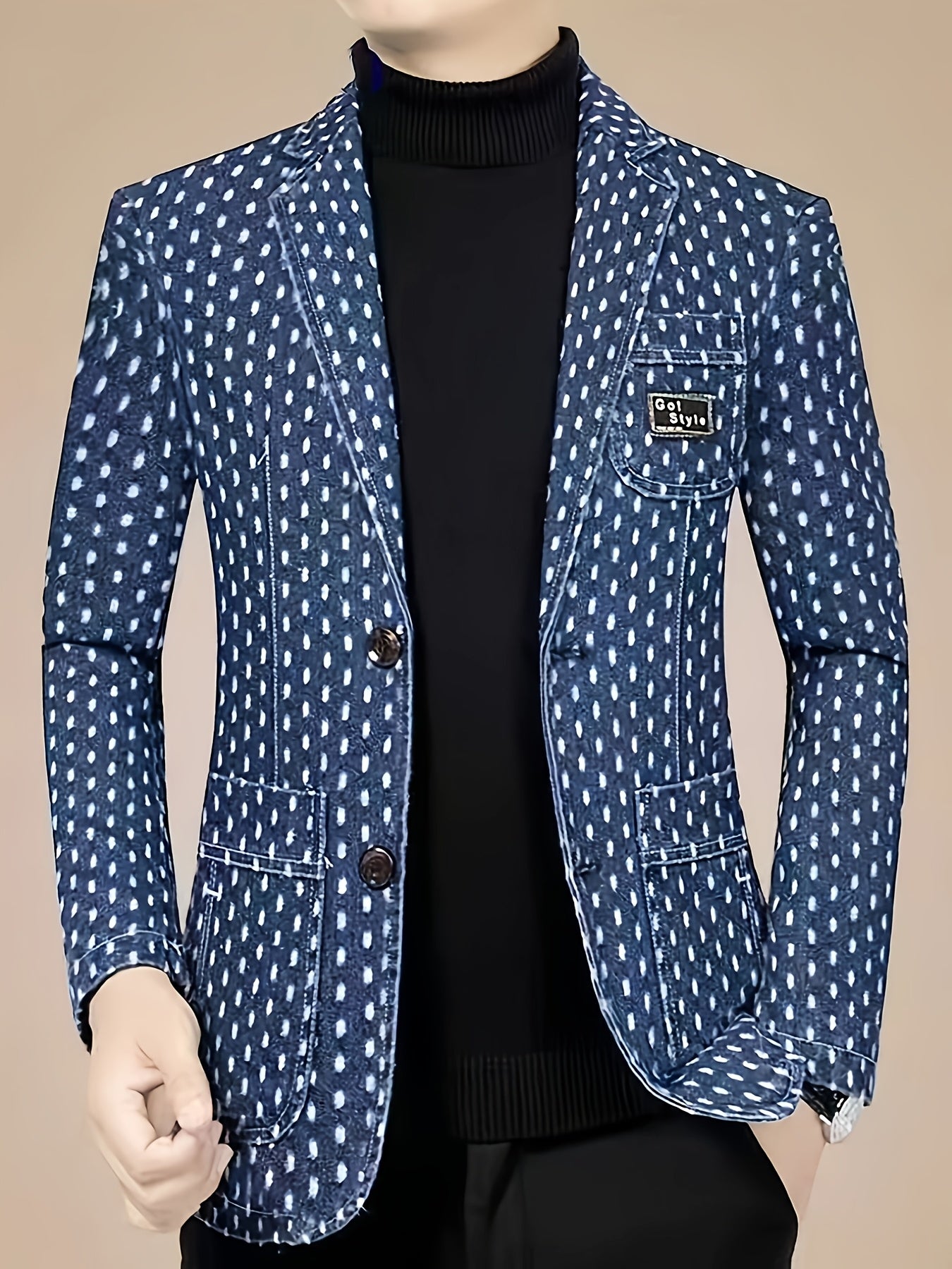 Men's denim blazer by SHOWLU FASHION STORE with loose fit and polka dot pattern, casual jacket style, shown in the image.