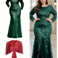 Elegant Plus Size Sequin Embroidered Mermaid Hem Dress with Matching Shawl - Long Sleeve, Crew Neck, Floral Pattern, Beige/Golden & Red Options, Perfect for Weddings, Proms, and Formal Events, Elegant Event Clothing | Glamoro SHOWLU FASHION STORE
