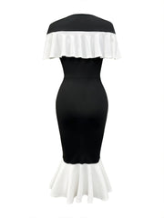 [Elegant Bodycon Dress] Stretchy Elegant Women's Bodycon Fishtail Dress | Contrast Trim Ruched Waist, Round Neck, Solid Color, Machine Washable, Tight Fitted, Versatile Outfit, Chic Style, Sleek Material