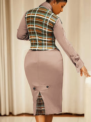 A Stylish Two-Piece Work Outfit Featuring a Checkered Vest And a Fitted Dress, Perfect for Professional Settings.