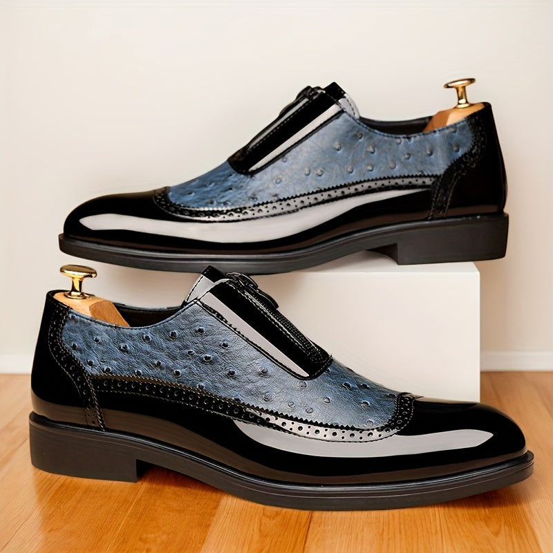 SHOWLU Men's leather Oxford shoes with zipper closure, featuring a classic business casual style and polished black finish.
